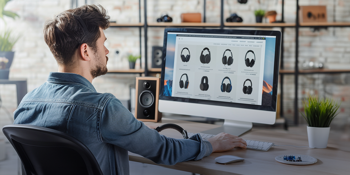 Person at desk browsing headphones on a computer screen.